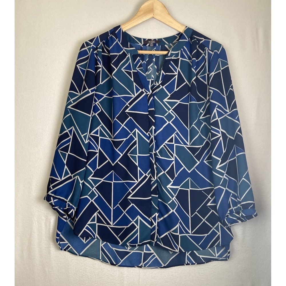 NYDJ 3/4 Sleeve Printed Pintucked Back Blouse Geometric Shape Blue  Size MP